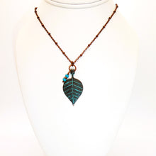 Load image into Gallery viewer, Turquoise &amp; patina copper leaf pendant on satellite chain
