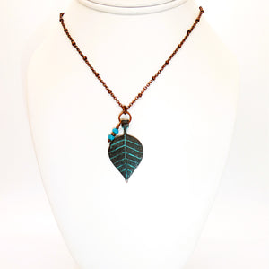 Turquoise & patina copper leaf pendant on satellite chain