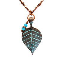 Load image into Gallery viewer, Turquoise &amp; patina copper leaf pendant on satellite chain
