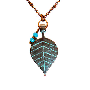Turquoise & patina copper leaf pendant on satellite chain