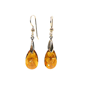 Faceted teardrop Swarovski crystal topaz color earrings with French wires