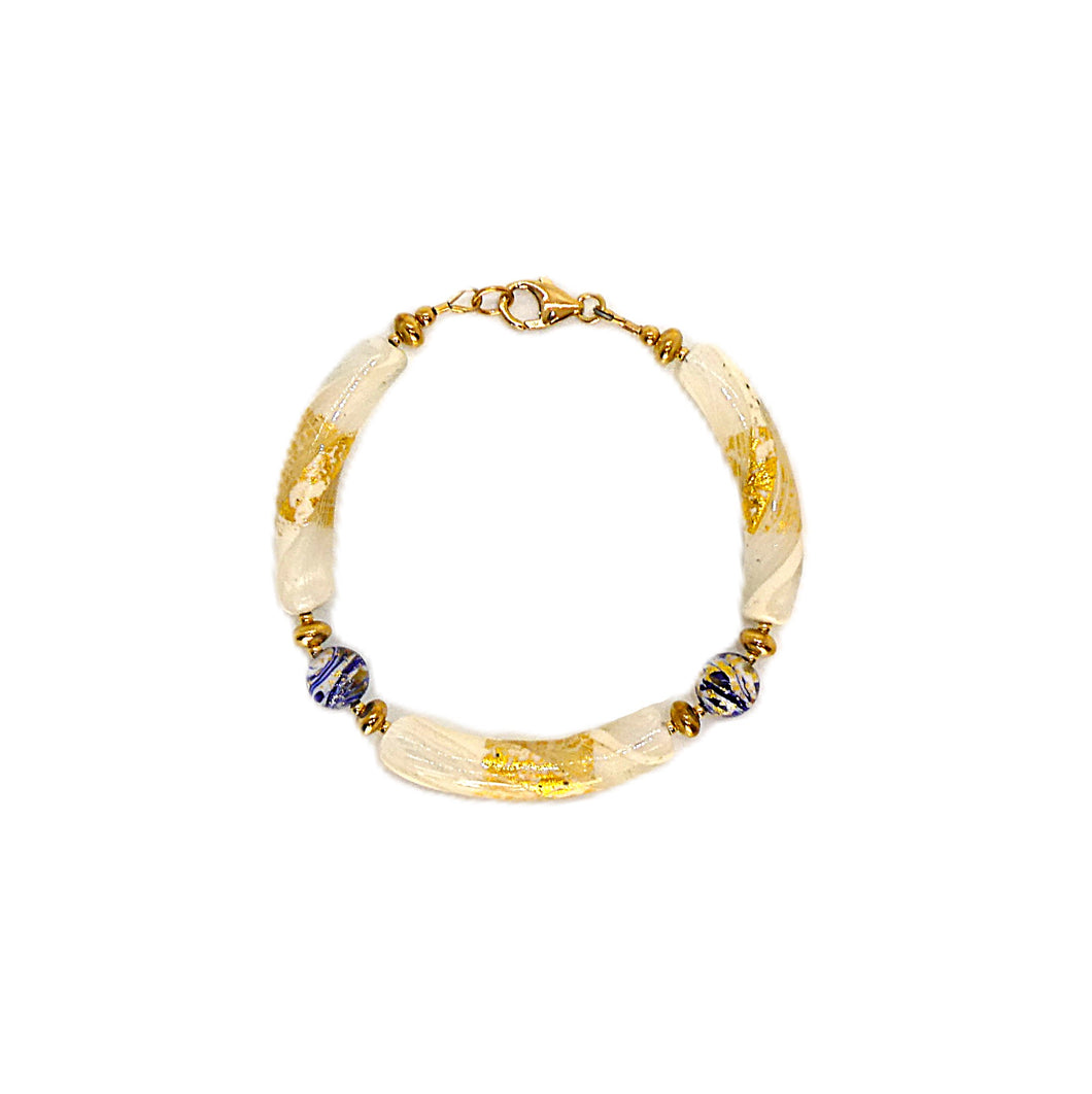 Murano (Venetian) glass white, gold & cobalt blue bracelet