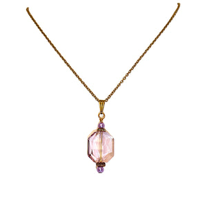 Large faceted oblong lavender-rose crystal pendant on chain necklace