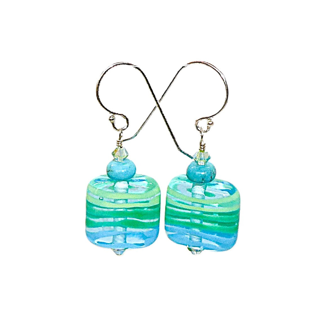 Turquoise, handmade lampwork bead & crystal dangle earrings