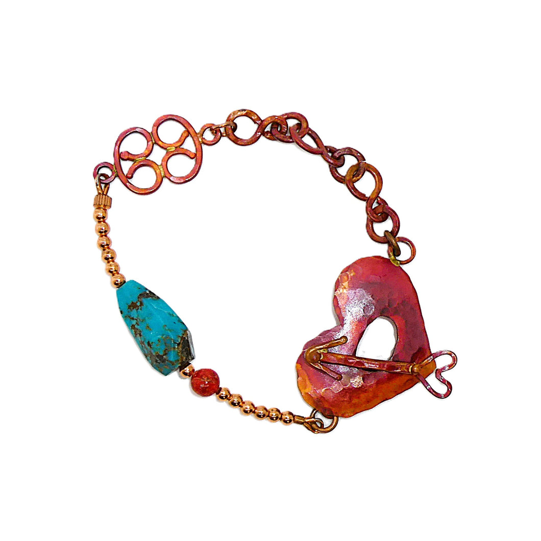 Turquoise, apple coral & red copper bracelet with heart & arrow