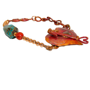 Turquoise, apple coral & red copper bracelet with heart & arrow