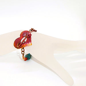 Turquoise, apple coral & red copper bracelet with heart & arrow