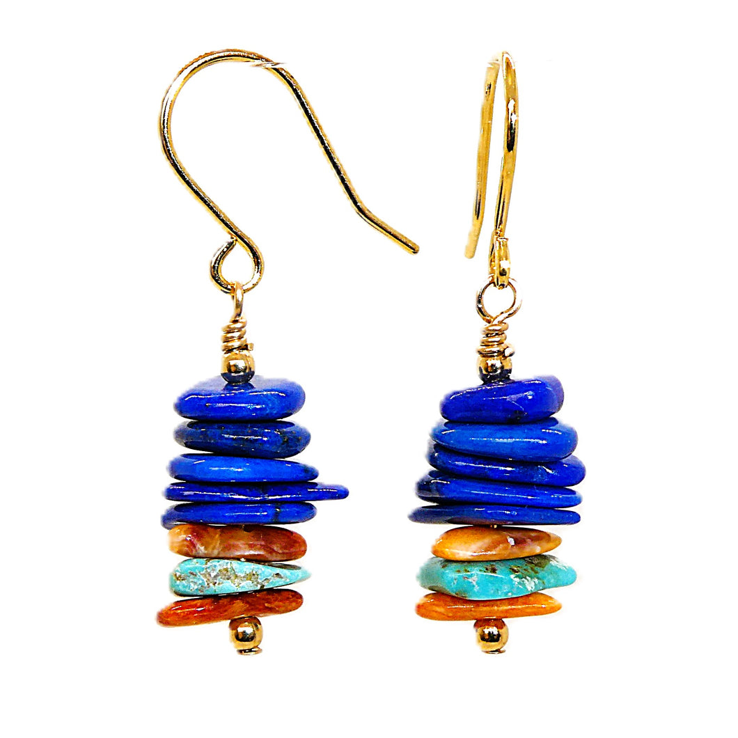 Turquoise, lapis lazuli, shell, bright brass & gold-filled earrings