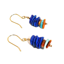 Load image into Gallery viewer, Turquoise, lapis lazuli, shell, bright brass &amp; gold-filled earrings
