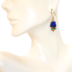 Turquoise, lapis lazuli, shell, bright brass & gold-filled earrings