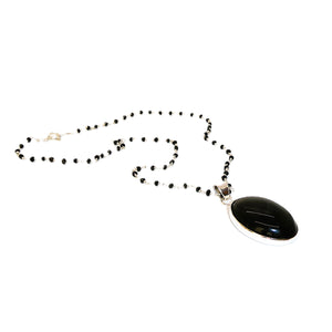 Black obsidian pendant on black spinel chain necklace