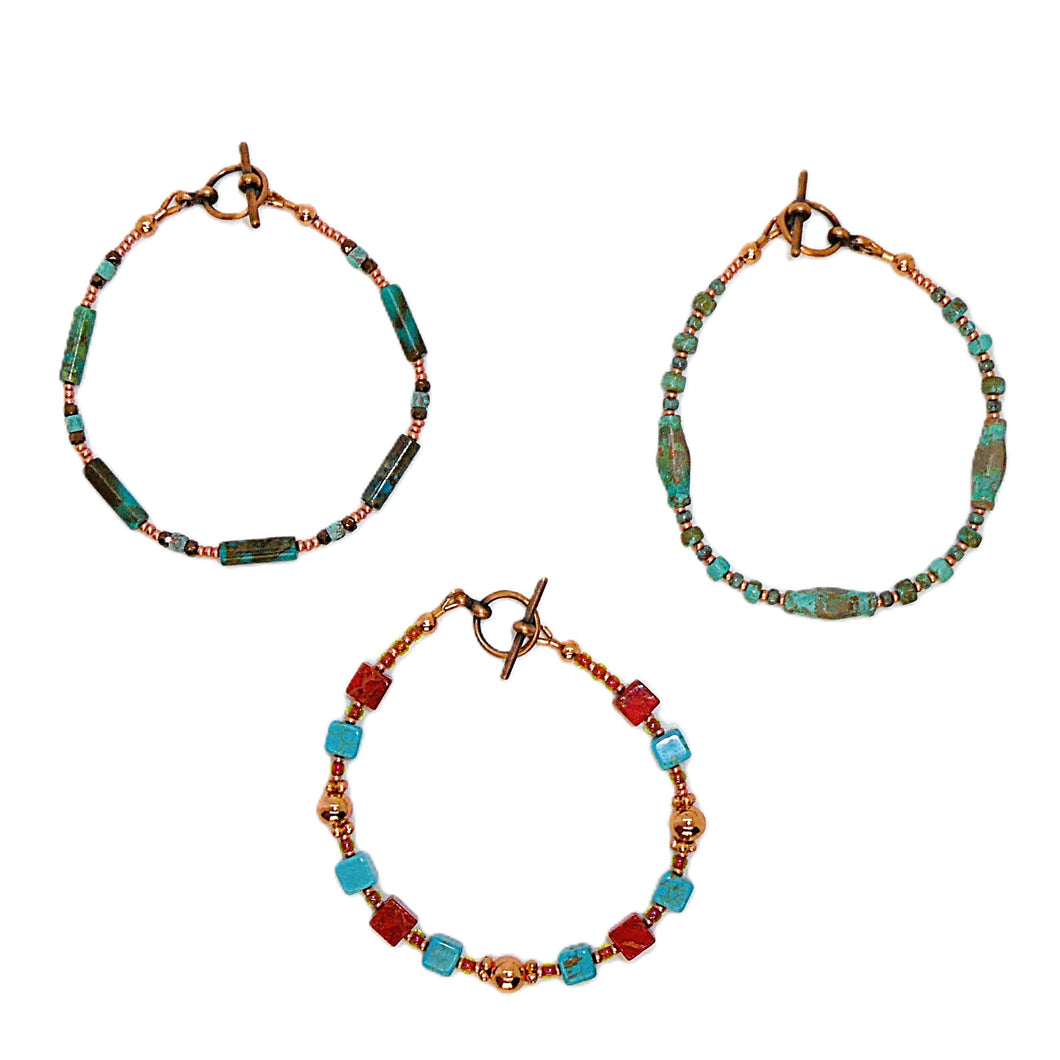 Turquoise & gemstone bracelets in copper & patina - set of 3