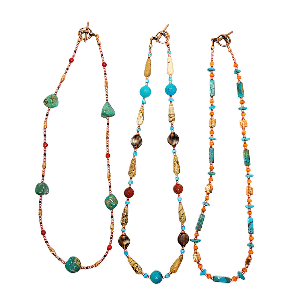 Turquoise & gemstone necklaces in copper - set of 3