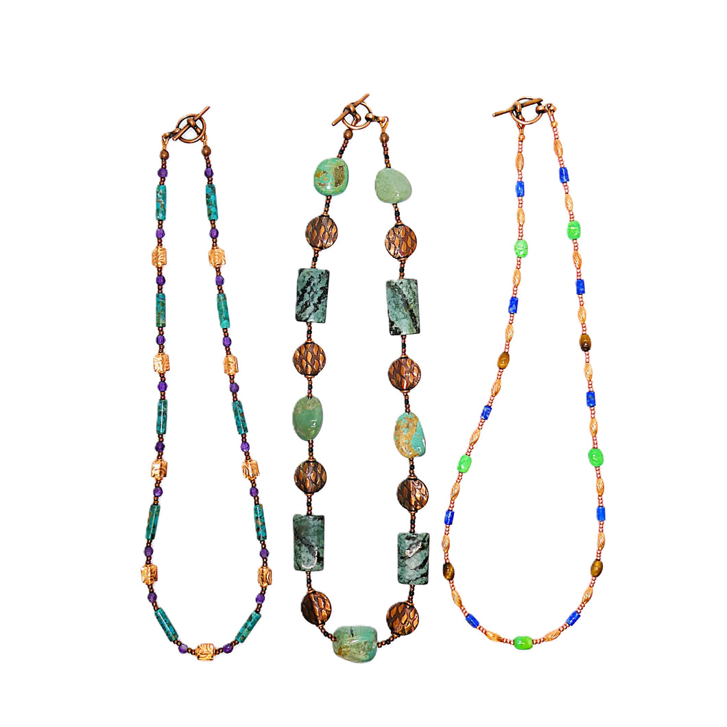 Turquoise & gemstone necklaces in copper - set of 3