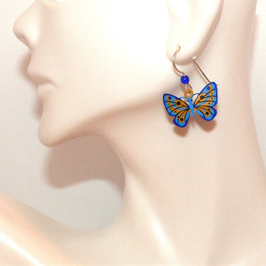 Blue & yellow butterfly earrings on French wires