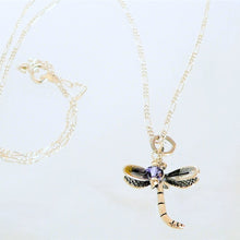 Load image into Gallery viewer, 3-D dragonfly pendant necklace with blue crystal in sterling silver
