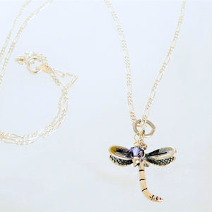 3-D dragonfly pendant necklace with blue crystal in sterling silver