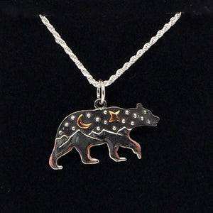 Celestial moon & stars sterling walking "spirit" bear pendant necklace
