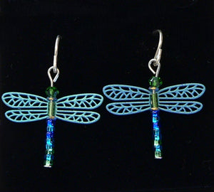 Blue beaded dragonfly earrings with French wires (made in the USA)