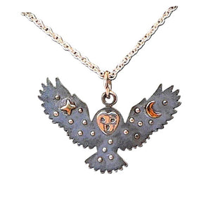 Celestial moon & stars "spirit" sterling silver owl pendant necklace