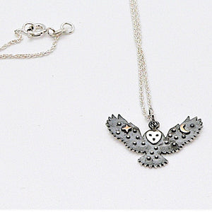 Celestial moon & stars "spirit" sterling silver owl pendant necklace