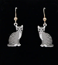 Load image into Gallery viewer, Grey tabby cat earrings on sterling French wires (made in USA)
