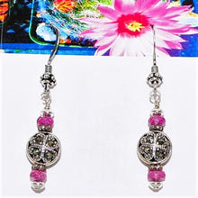 Load image into Gallery viewer, Pink sapphire and sterling silver marcasite dangle earrings with French wires
