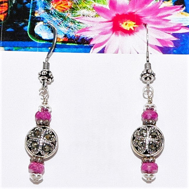 Pink sapphire and sterling silver marcasite dangle earrings with French wires