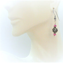 Load image into Gallery viewer, Pink sapphire and sterling silver marcasite dangle earrings with French wires
