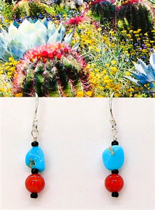 Sleeping Beauty turquoise & coral earrings with sterling French wires