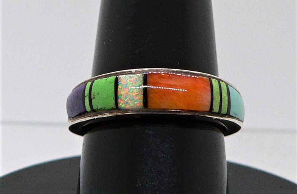 Native American Navajo turquoise & multi-inlay ring, size 6.5