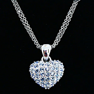 Blue pavé crystal heart necklace with sterling silver double chain