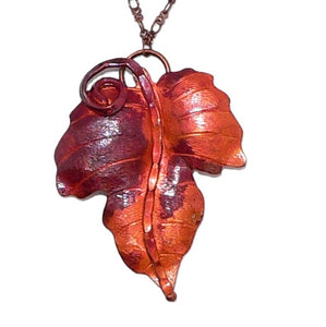 Glazed copper large maple leaf pendant on copper cable chain