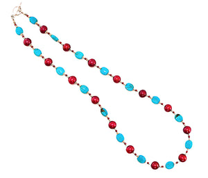 Turquoise, red freshwater pearl & sterling silver necklace