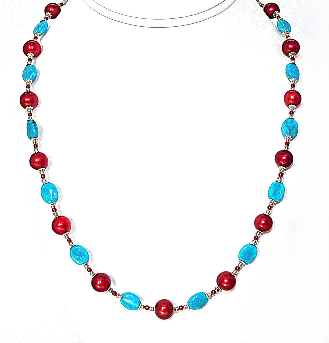 Turquoise, red freshwater pearl & sterling silver necklace