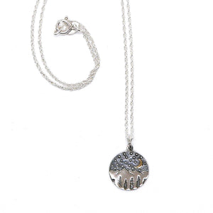 Celestial moon & stars sterling pendant necklace with mountains and trees