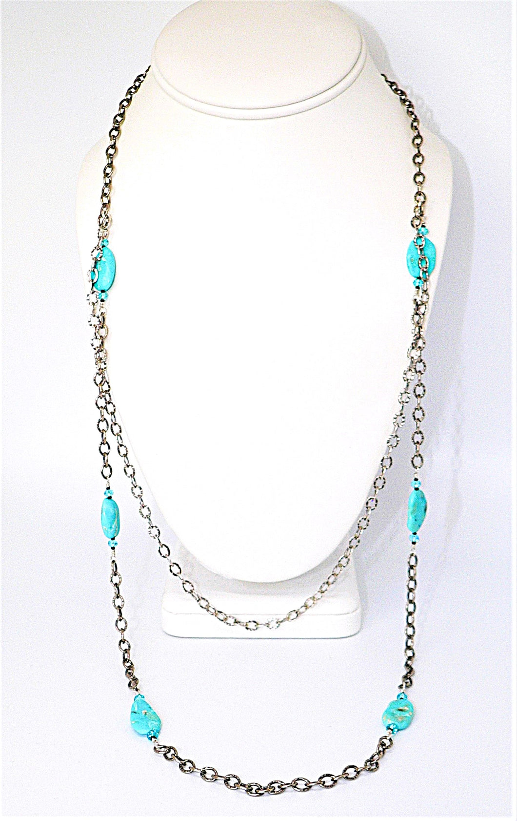 Turquoise & crystal extra-long double chain necklace