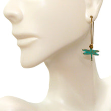 Load image into Gallery viewer, Small patina brass dragonfly earrings on long French wires

