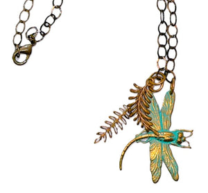 Antiqued patina brass dragonfly 3-part pendant necklace