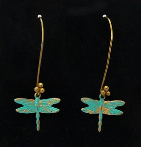 Small patina brass dragonfly earrings on long French wires