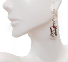 Load image into Gallery viewer, Bird in sterling cage with red crystal accent on French wires earrings
