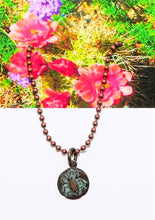 Load image into Gallery viewer, Tiny verdigris copper beetle pendant on copper chain
