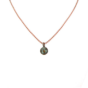Tiny verdigris copper beetle pendant on copper chain