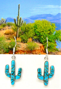 Turquoise, opal & sterling inlay cactus earrings with French wires (made in USA)