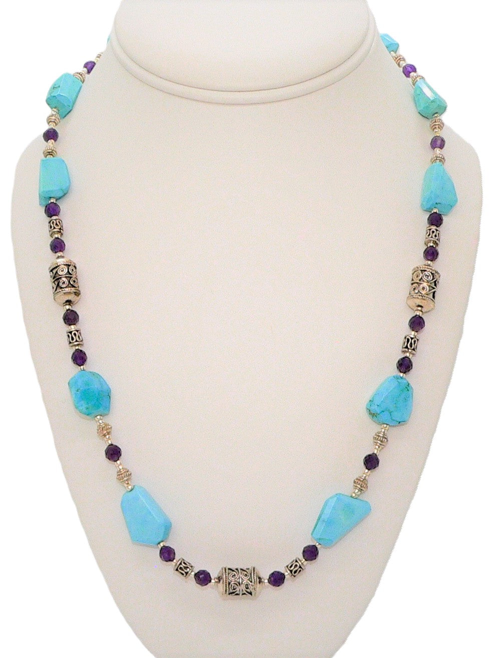 Chunky angular-cut turquoise with amethyst sterling silver necklace