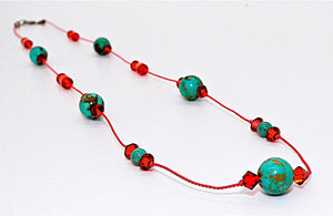 Fine silk cord necklace with turquoise, coral & Swarovski crystals