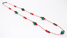 Load image into Gallery viewer, Fine silk cord necklace with turquoise, coral &amp; Swarovski crystals
