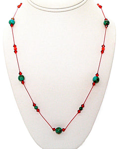 Fine silk cord necklace with turquoise, coral & Swarovski crystals