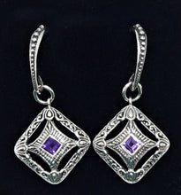 Load image into Gallery viewer, Princess cut amethyst &amp; sterling silver fancy French wire earrings
