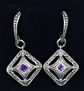 Princess cut amethyst & sterling silver fancy French wire earrings